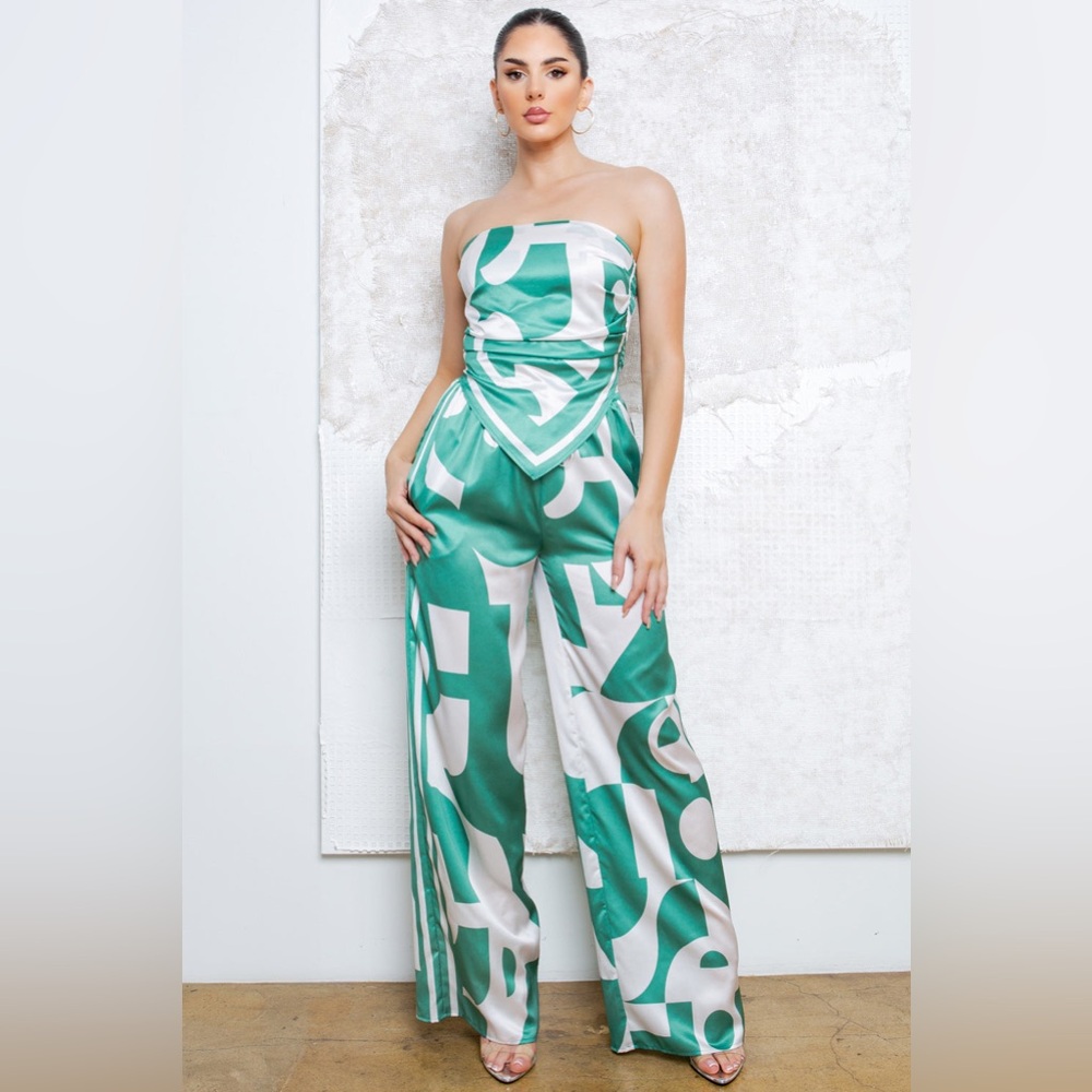879. Strapless Satin Scarf Top and Pant Set in Green